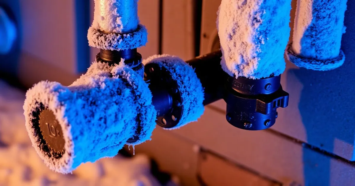 Plumber insulating exposed water pipes in a basement to prevent freezing during a central New York winter
