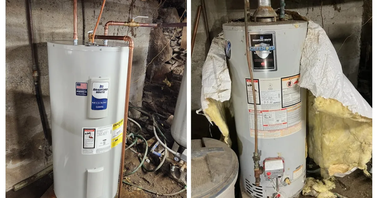 Before and after water heater replacement by EZ-CO Plumbing showing a new Bradford White electric tank beside the old insulated gas unit it replaced